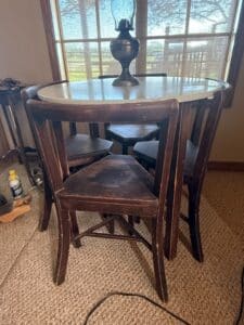 Antique-Oak-Dining-Set-with-Marble-Top-Table-and-Four-Chairs