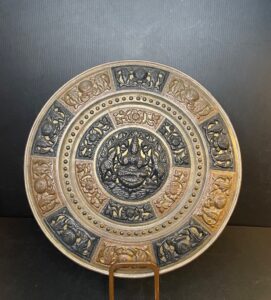 Vintage-Indian-Relief-Carved-Metal-Plate-with-Lakshmi-and-Elephants