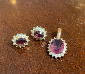 Vintage-Signed-Roman-Amethyst-and-Crystal-Pendant-and-Earrings-Set