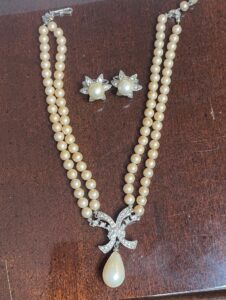 Vintage-Two-Strand-Faux-Pearl-Necklace-and-Starburst-Earring-Set-with-Rhinestone-Clasp
