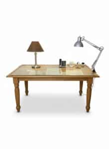 Wooden-Desk-with-Glass-Top-and-Desk-Lamp