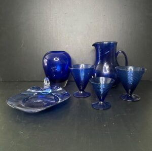 Cobalt-Blue-Swirl-Glass-Pitcher-and-Goblets-Set-Vtg