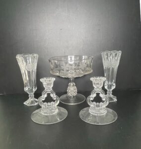 Etched-Glass-Candlestick-Holders-and-Compote-Set