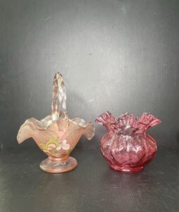 Fenton-Pink-Opalescent-Glass-Basket-with-Floral-Enamel-and-Fenton-Cranberry-Glass-Vase