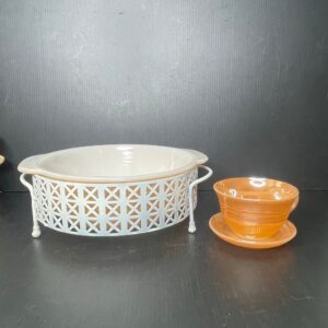 Fire-King-Amber-Casserole-Dish-with-Metal-Stand-and-Fire-King-Amber-Cup-and-Saucer