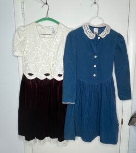 Girls-Blue-Corduroy-Dress-and-White-or-Burgundy-Brocade-Dress-Vtg