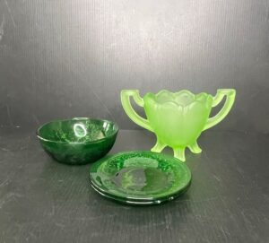 Green-Depression-Glass-Footed-Sugar-Bowl-and-Embossed-Bowl-with-Saucers
