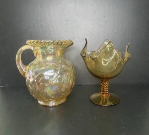 Indiana-Glass-Harvest-Grape-Amber-Carnival-Glass-Pitcher-and-Footed-Bowl
