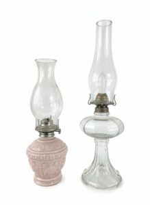 Pair-of-Vintage-Oil-Lamps-Pink-Embossed-Base-and-Clear-Glass-Hurricane