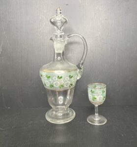 Victorian-Frosted-Glass-Decanter-and-Liqueur-Glass-Set-with-Floral-Enamel-and-Gold-Trim