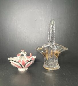 Vintage-Ceramic-Basket-with-Applied-Flowers-and-Birds-and-Vintage-Glass-Basket-with-Gold-Overlay-Vine-Motif