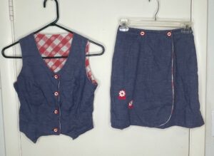 Vintage-Denim-Vest-and-Gingham-Lined-Skirt-Set-with-Floral-Appliques