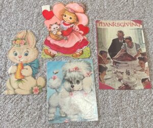 Vintage-Valentines-Day-and-Thanksgiving-Cutouts-Easter-Bunny-Girl-with-Kitten-Poodle-Thanksgiving-Scene