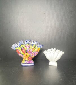 Vtg-Fan-Shaped-Vases-Hand-Painted-Ceramic-and-Milk-Glass
