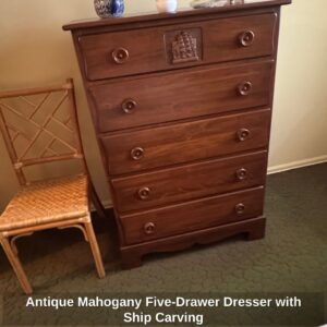 Antique-Mahogany-Five-Drawer-Dresser-with-Ship-Carving-1