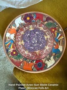 Hand-Painted-Aztec-Sun-Stone-Ceramic-Plate-Mexican-Folk-Art-1