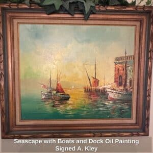 Seascape-with-Boats-and-Dock-Oil-Painting-Signed-A.-Kley-1