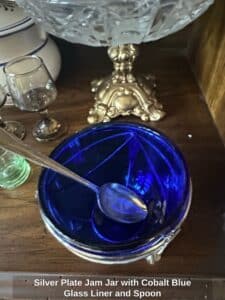 Silver-Plate-Jam-Jar-with-Cobalt-Blue-Glass-Liner-and-Spoon-second-image-1