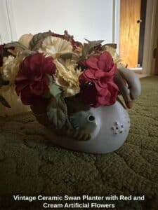 Vintage-Ceramic-Swan-Planter-with-Red-and-Cream-Artificial-Flowers-1