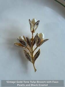 Vintage-Gold-Tone-Tulip-Brooch-with-Faux-Pearls-and-Black-Enamel