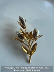 Vintage-Gold-Tone-Tulip-Brooch-with-Faux-Pearls-and-Black-Enamel-second-image