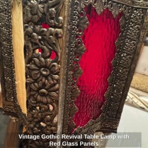 Vintage-Gothic-Revival-Table-Lamp-with-Red-Glass-Panels-second-image-1