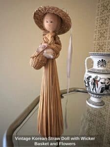 Vintage-Korean-Straw-Doll-with-Wicker-Basket-and-Flowers-1