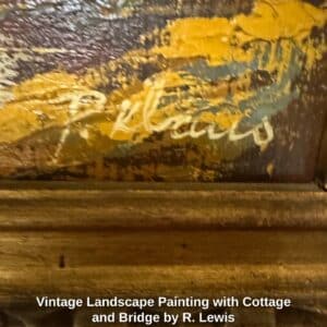 Vintage-Landscape-Painting-with-Cottage-and-Bridge-by-R.-Lewis-second-image-1