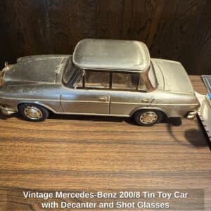 Vintage-Mercedes-Benz-or-Tin-Toy-Car-with-Decanter-and-Shot-Glasses-1