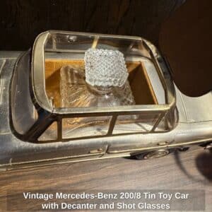Vintage-Mercedes-Benz-or-Tin-Toy-Car-with-Decanter-and-Shot-Glasses-third-image-1