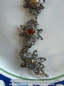 Vintage-Silver-Tone-Filigree-Bracelet-with-Carnelian-and-Agate-Cabochons-second-image