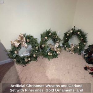 Artificial-Christmas-Wreaths-and-Garland-Set-with-Pinecones-Gold-Ornaments-and-Red-Poinsettias