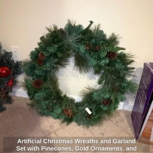 Artificial-Christmas-Wreaths-and-Garland-Set-with-Pinecones-Gold-Ornaments-and-Red-Poinsettias-fourth-image