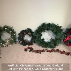 Artificial-Christmas-Wreaths-and-Garland-Set-with-Pinecones-Gold-Ornaments-and-Red-Poinsettias-second-image