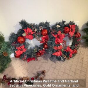 Artificial-Christmas-Wreaths-and-Garland-Set-with-Pinecones-Gold-Ornaments-and-Red-Poinsettias-third-image