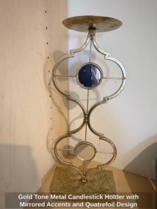 Gold-Tone-Metal-Candlestick-Holder-with-Mirrored-Accents-and-Quatrefoil-Design