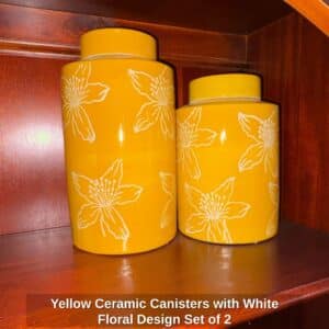 Yellow-Ceramic-Canisters-with-White-Floral-Design-Set-of