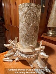 Glittered-Damask-Candle-Holder-with-Reclining-Reindeer-Base