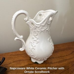 Napcoware-White-Ceramic-Pitcher-with-Ornate-Scrollwork