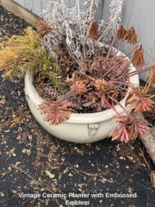 Vintage-Ceramic-Planter-with-Embossed-Emblem