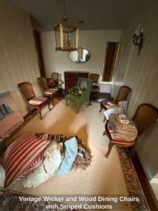 Vintage-Wicker-and-Wood-Dining-Chairs-with-Striped-Cushions