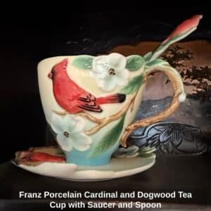 Franz-Porcelain-Cardinal-and-Dogwood-Tea-Cup-with-Saucer-and-Spoon