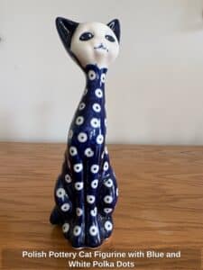 Polish-Pottery-Cat-Figurine-with-Blue-and-White-Polka-Dots