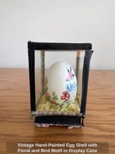 Vintage-Hand-Painted-Egg-Shell-with-Floral-and-Bird-Motif-in-Display-Case