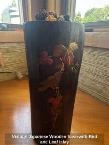 Vintage-Japanese-Wooden-Vase-with-Bird-and-Leaf-Inlay