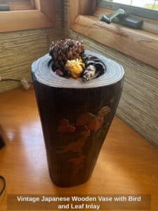 Vintage-Japanese-Wooden-Vase-with-Bird-and-Leaf-Inlay-second-image