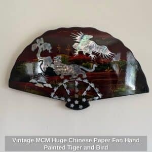 Vintage-MCM-Huge-Chinese-Paper-Fan-Hand-Painted-Tiger-and-Bird