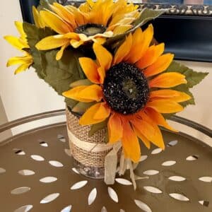 Artificial-Sunflower-Arrangement-in-Burlap-Wrapped-Glass-Vase