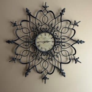 Ornate-Wrought-Iron-Style-Wall-Clock-with-Fleur-de-Lis-Accents