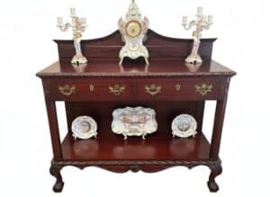 Chippendale-Style-Mahogany-Sideboard-with-Porcelain-Clock-and-Candelabra-second-image-1
